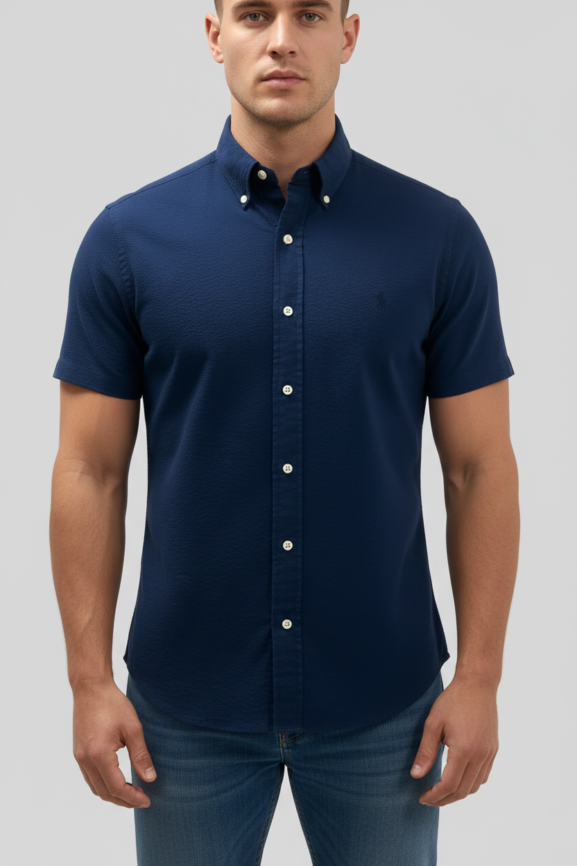 Camisa Polo Ralph Lauren 🏇🏼 Seersucker Color azul navy Talla M Entalle Slim Fit