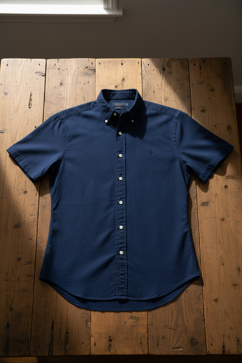 Camisa Polo Ralph Lauren 🏇🏼 Seersucker Color azul navy Talla M Entalle Slim Fit