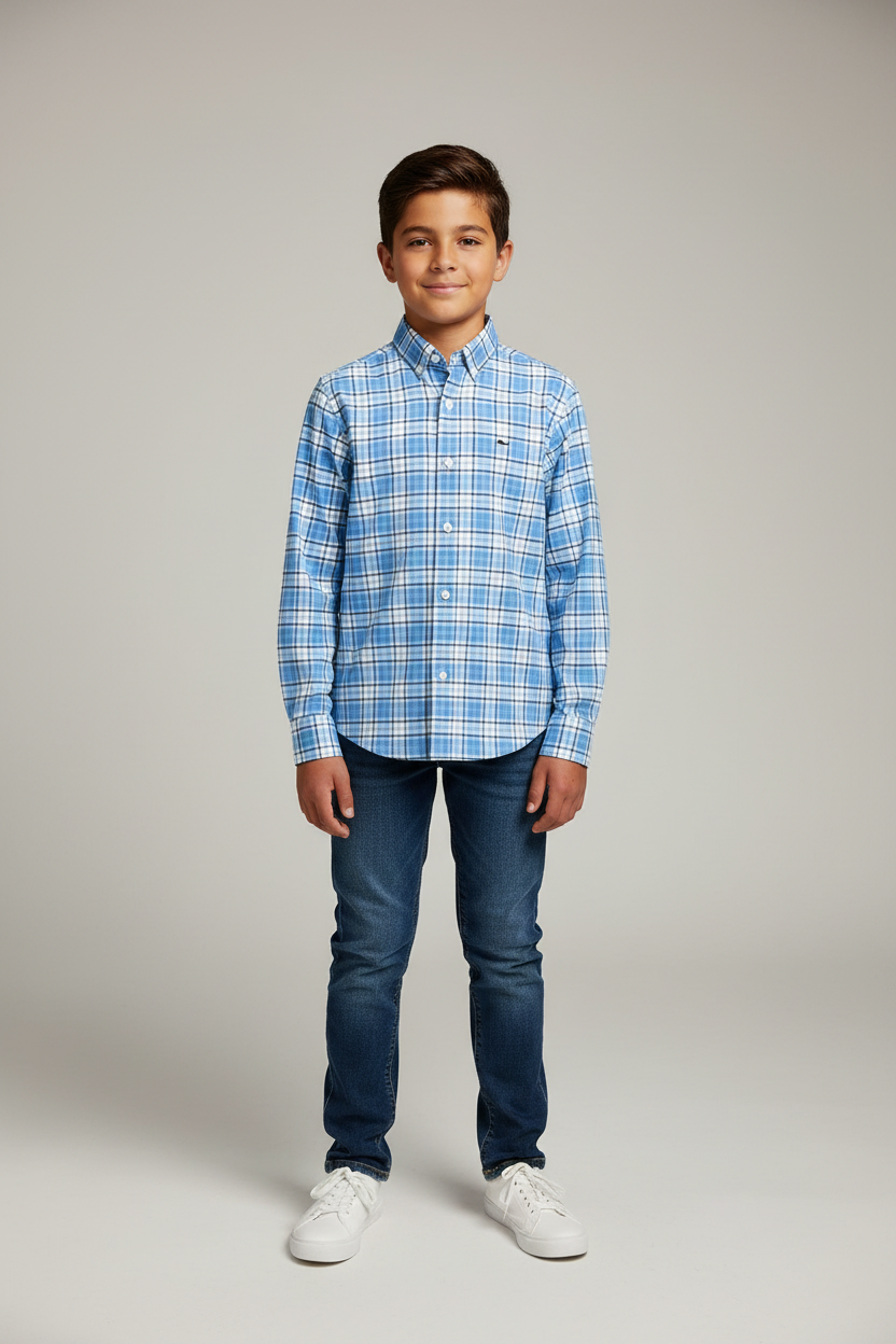 Camisa de niño Vineyard Vines 🐳 con patrón de cuadros en color celeste, azul y blanco Talla M de niño Entalle Regular