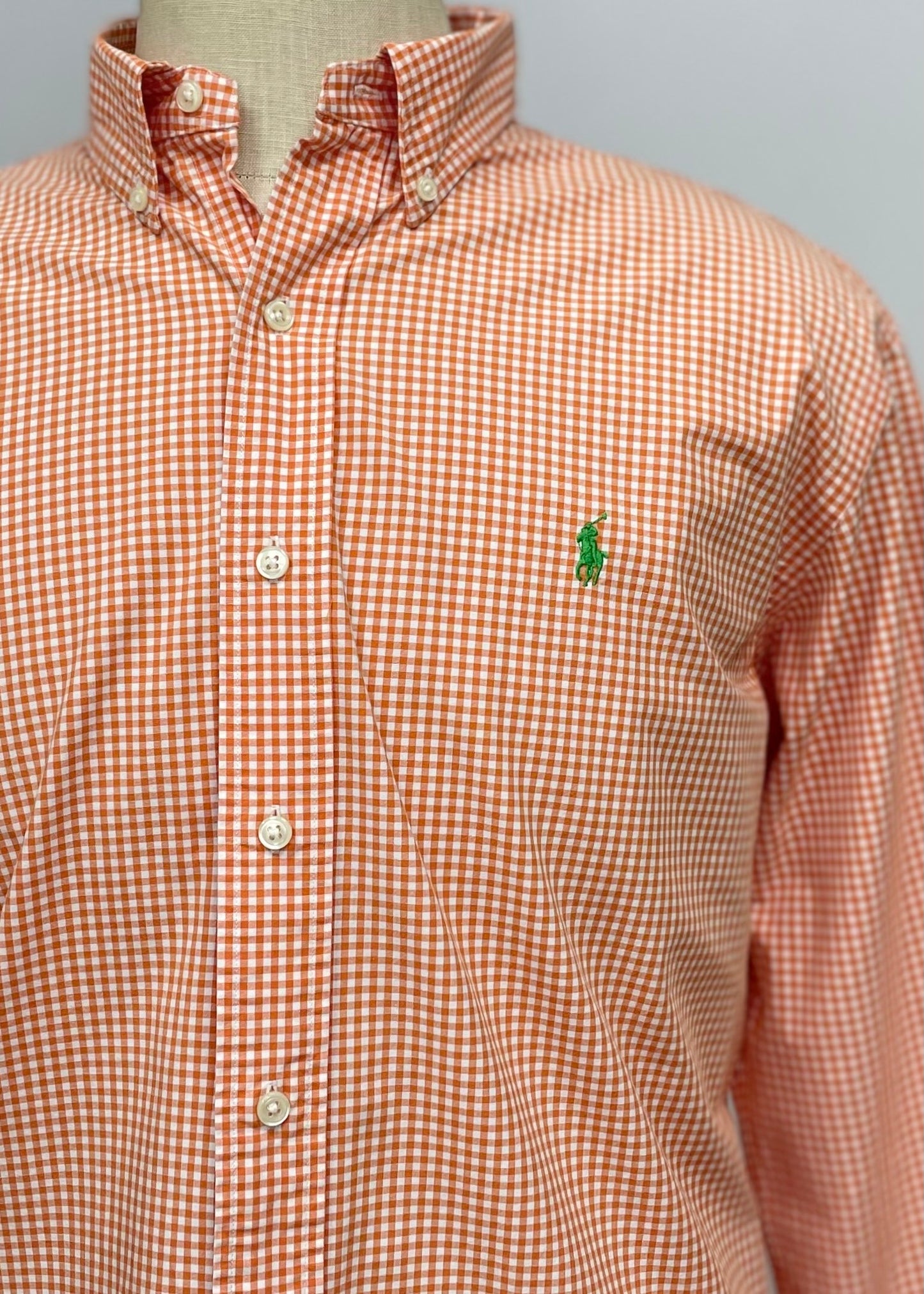 Camisa Polo Ralph Lauren 🏇🏼 con patron de cuadros gingham naranja y blanco Talla XL Entalle Clásico