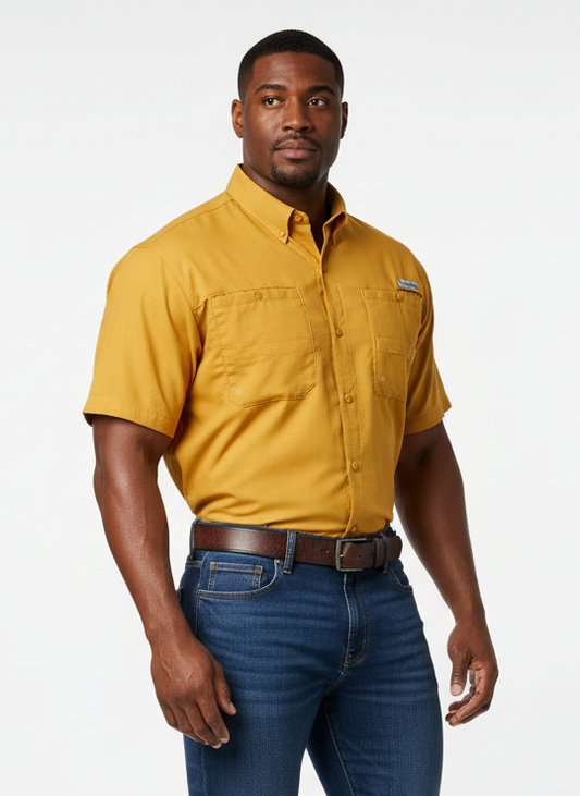 Camisa de botones Columbia 🔹color mostaza con Omni Shade Manga corta Talla M