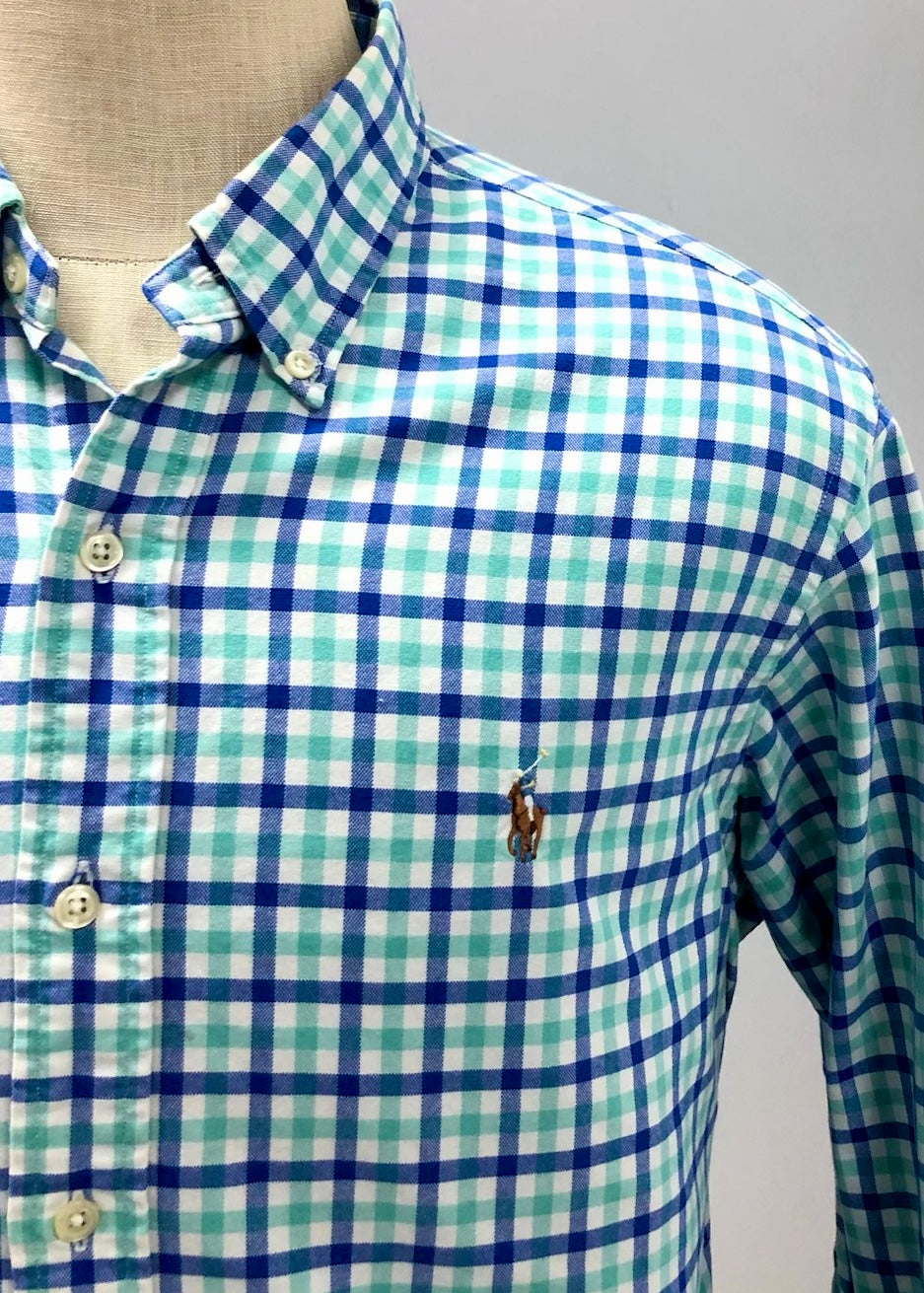 Camisa Polo Ralph Lauren 🏇🏼 con patron de cuadros gingham turquesa, azul y blanco Talla L Entalle Regular