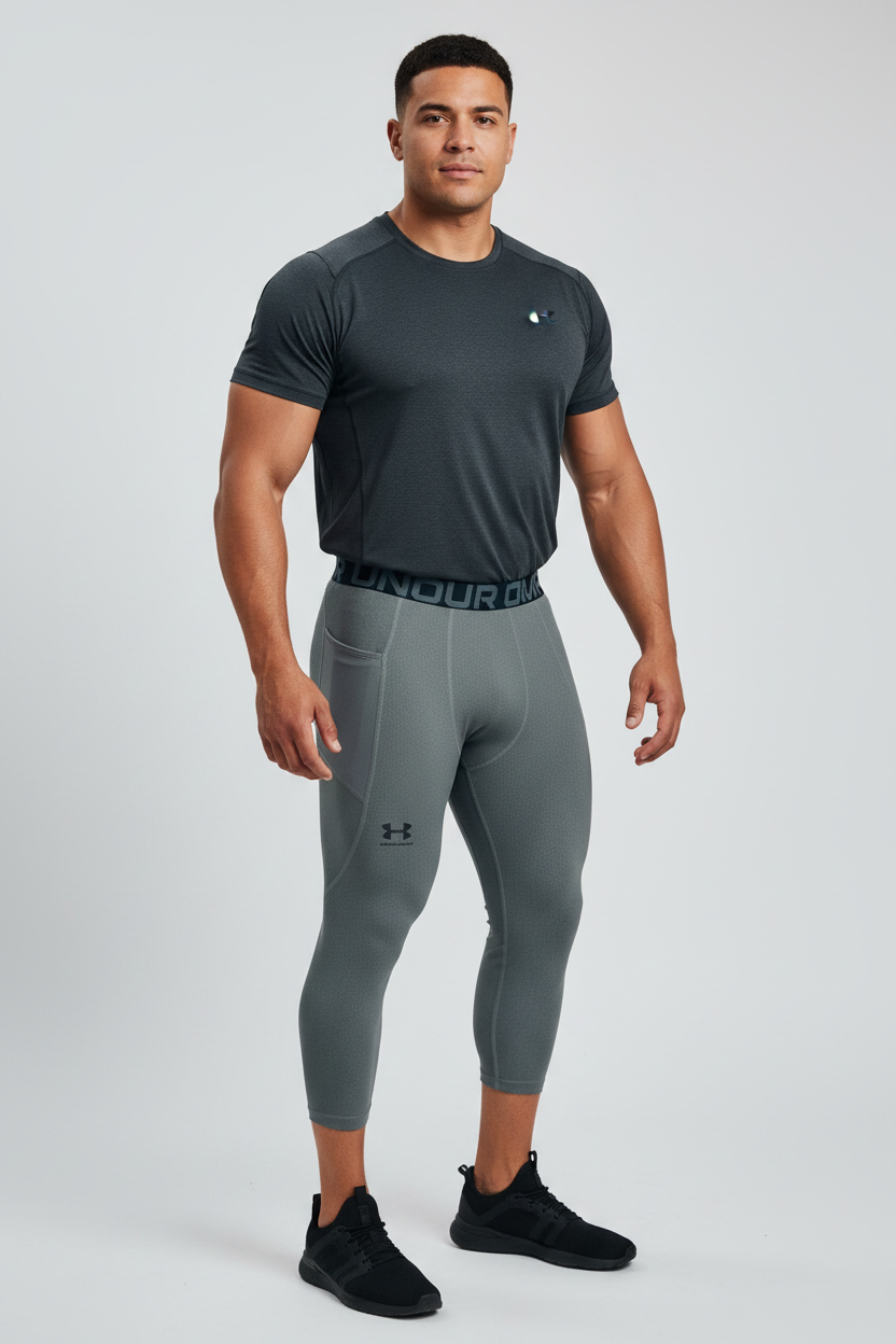 Malla de entrenamiento licra Under Armour 🏋🏽 Pro Dri-FIT 3/4 para hombre en Color gris y cintura negro Talla M