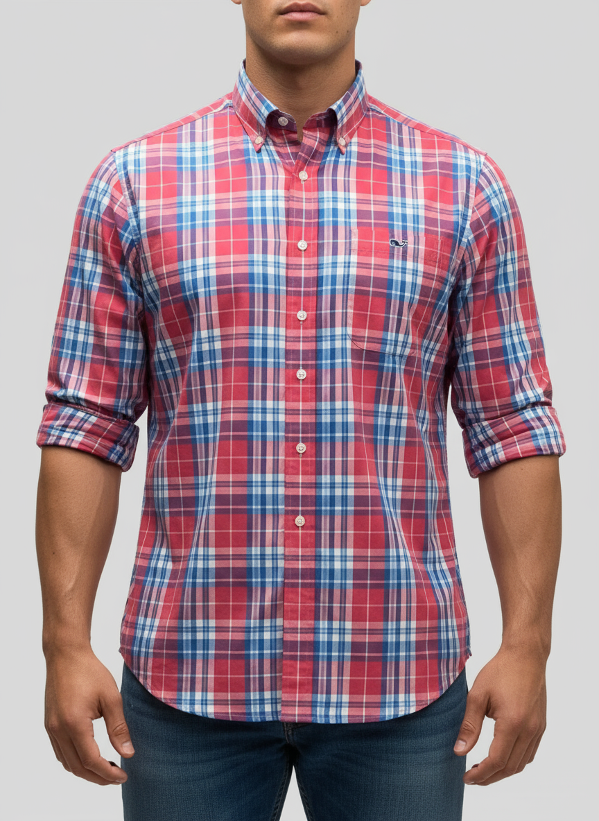 Camisa de botones Vineyard Vines 🐳 de cuadros en color rojo, azul y blanco Talla M Entalle Slim Fit