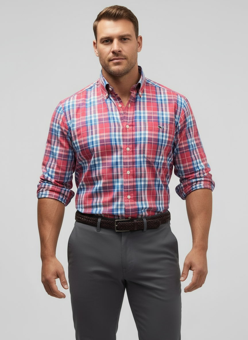 Camisa de botones Vineyard Vines 🐳 de cuadros en color rojo, azul y blanco Talla M Entalle Slim Fit