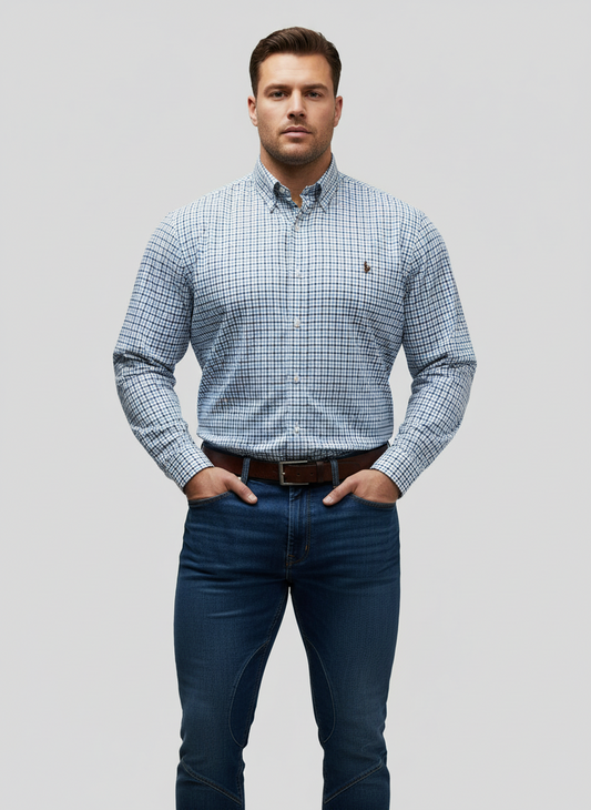 Camisa Polo Ralph Lauren 🏇🏼 color blanco con patron de cuadros en negro y azul Talla M Entalle Regular