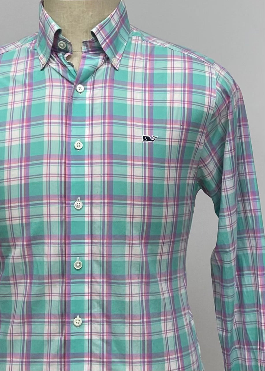 Camisa Vineyard Vines 🐳 color blanco con cuadros en color rosado, verde y lila Talla S Entalle Slim Fit