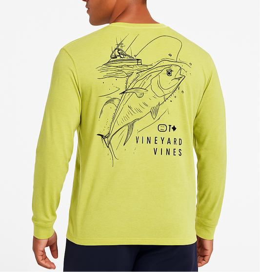 Camiseta cuello redondo Vineyard Vines 🐳 Performance color verde claro con Diseño de pesca Talla XXL