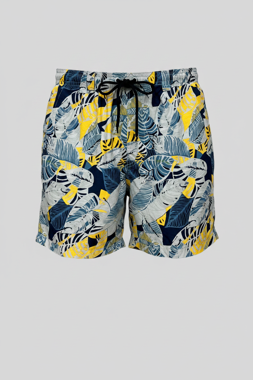 Short de baño Columbia con diseño de hojas en color amarillo, azul y celeste, talla M