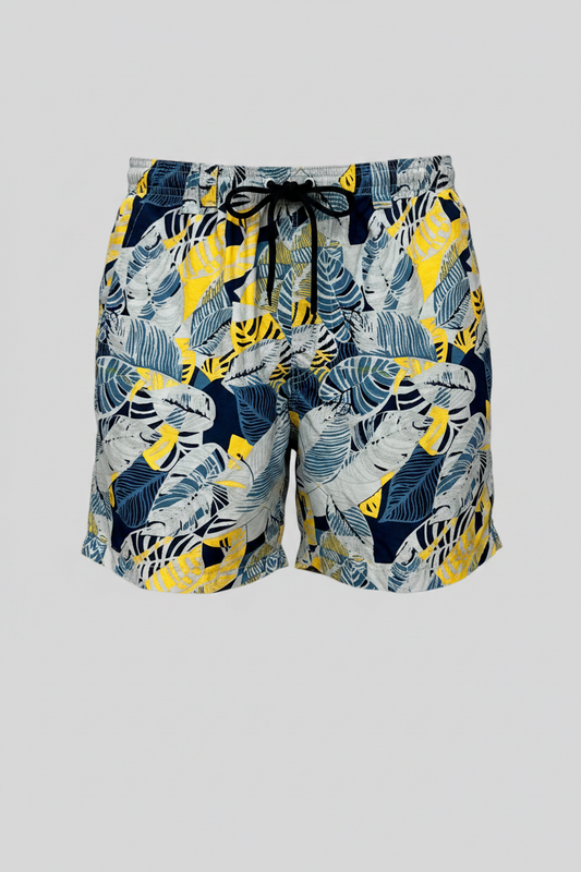 Short de baño Columbia con diseño de hojas en color amarillo, azul y celeste, talla M