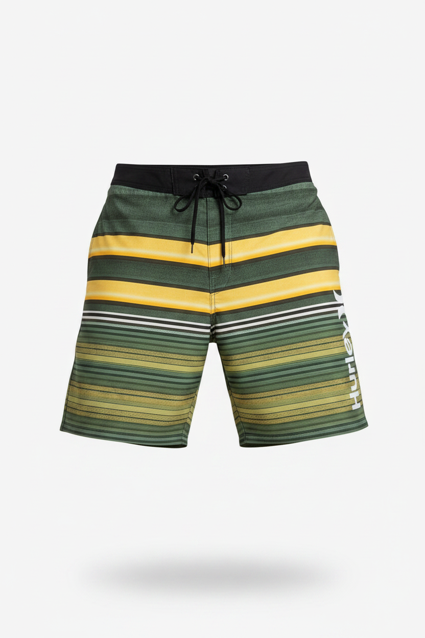 Short de baño Hurley 🏄🏽‍♂️ con patrón de rayas en color verde y amarillo con logo en color blanco Talla Medium (32)