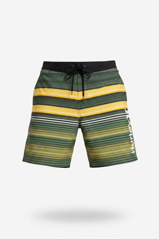 Short de baño Hurley 🏄🏽‍♂️ con patrón de rayas en color verde y amarillo con logo en color blanco Talla Medium (32)