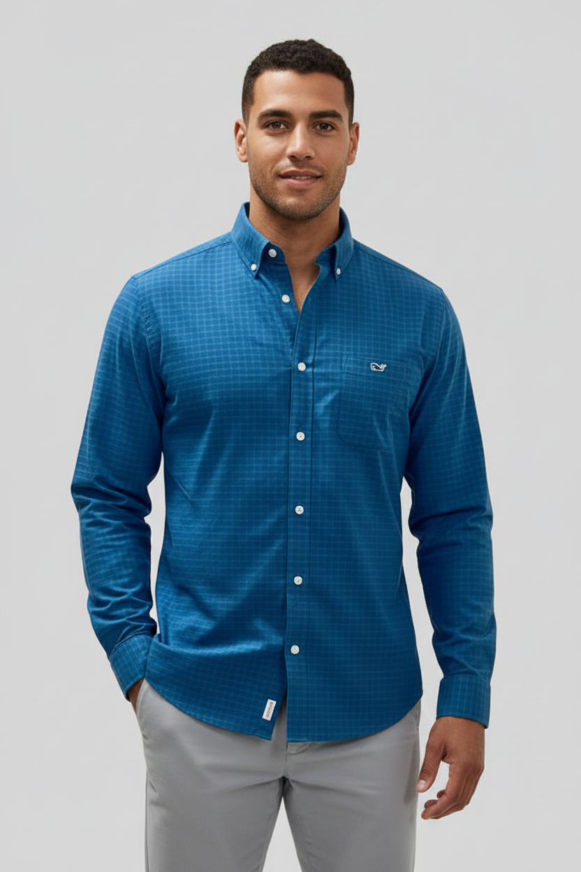 Camisa de botones Vineyard Vines 🐳 Performance de cuadros en color verde oscuro y azul navy Talla M Entalle Clasico