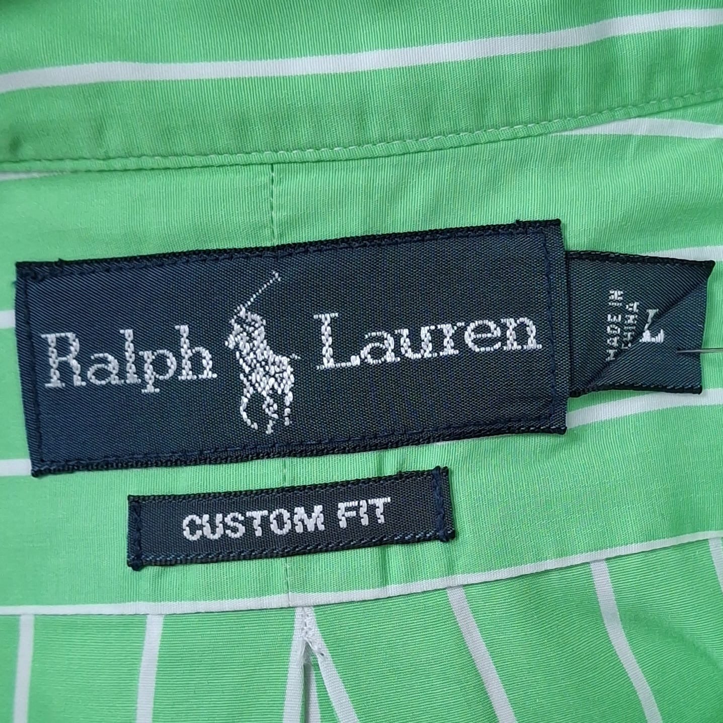 Camisa Polo Ralph Lauren 🏇🏼 color verde con patron de rayas en color Blanco Talla L Entalle Custom Fit