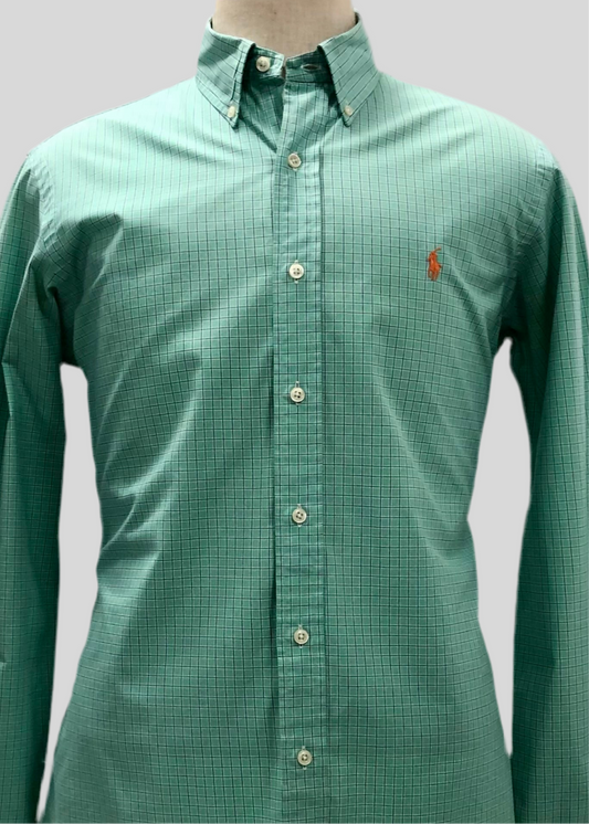 Camisa Polo Ralph Lauren 🏇🏼 color verde claro con patron de cuadro azul y blanco Talla M Entalle Custom Fit