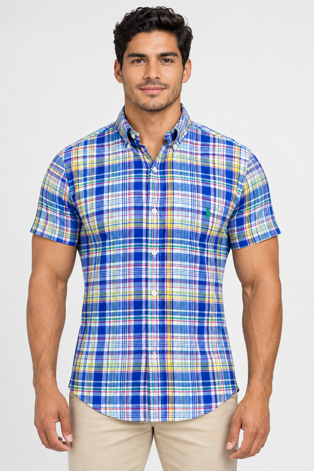Camisa Polo Ralph Lauren 🏇🏼 Algodón doble capa de cuadros en color azul, amarillo y blanco Talla L Entalle Regular