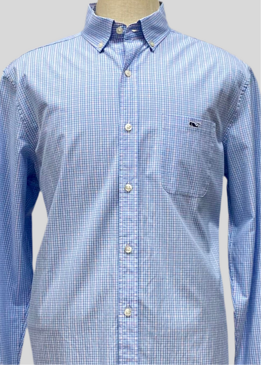 Camisa de botones Vineyard Vines 🐳 color blanco con patrón de cuadros en color celeste y rojo Talla L Entalle Clásico