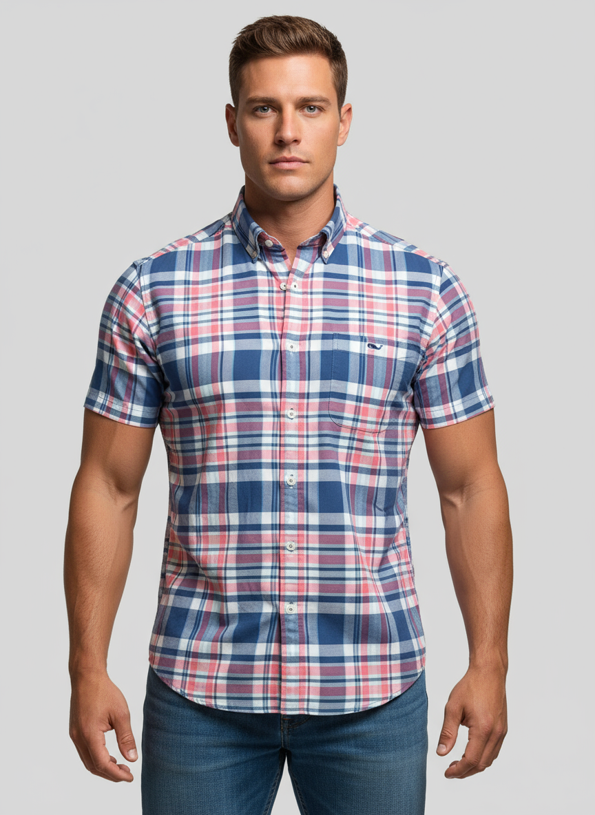 Camisa de botones Vineyard Vines 🐳 con patrón de cuadros en color rosado, azul y blanco Talla S Entalle Clásico