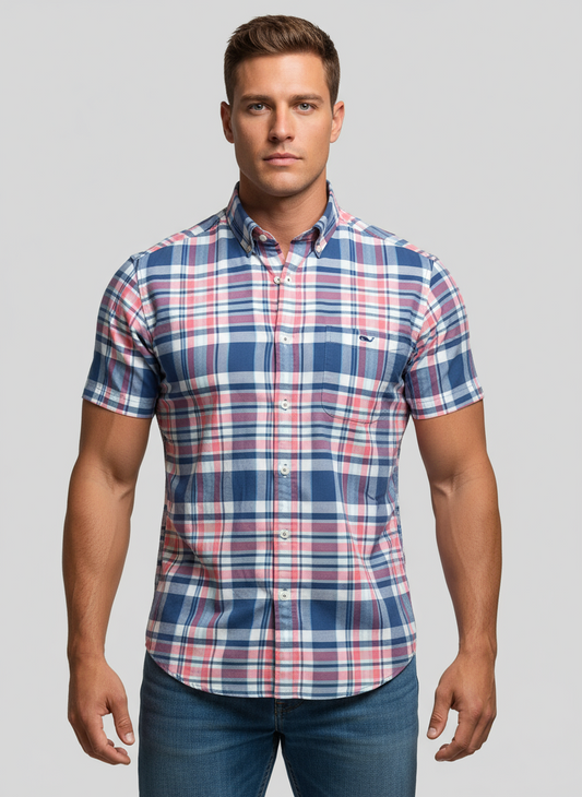 Camisa de botones Vineyard Vines 🐳 con patrón de cuadros en color rosado, azul y blanco Talla S Entalle Clásico