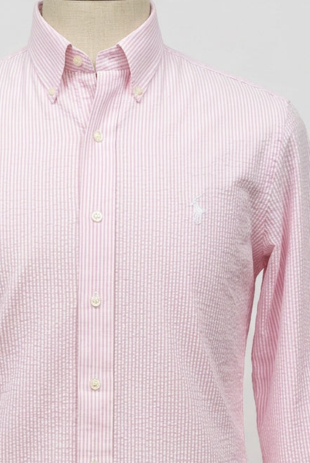Camisa Polo Ralph Lauren 🏇🏼  Color blanco con patrón de rayas en rosado Seersucker Talla L Entalle Regular