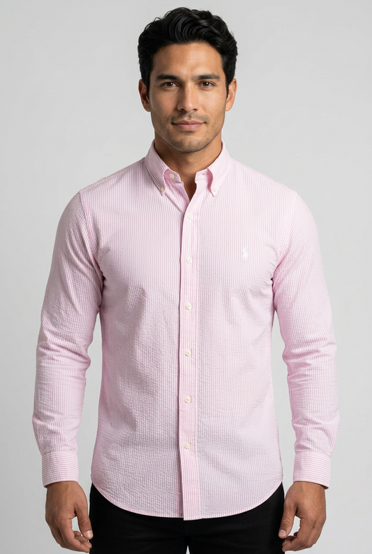 Camisa Polo Ralph Lauren 🏇🏼  Color blanco con patrón de rayas en rosado Seersucker Talla L Entalle Regular