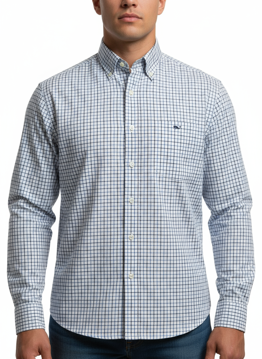 Camisa de botones Vineyard Vines 🐳 Color blanco de cuadros en color azul y negro Talla M Entalle Regular (ver descripción)