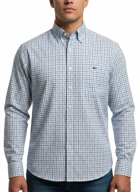 Camisa de botones Vineyard Vines 🐳 Color blanco de cuadros en color azul y negro Talla M Entalle Regular (ver descripción)