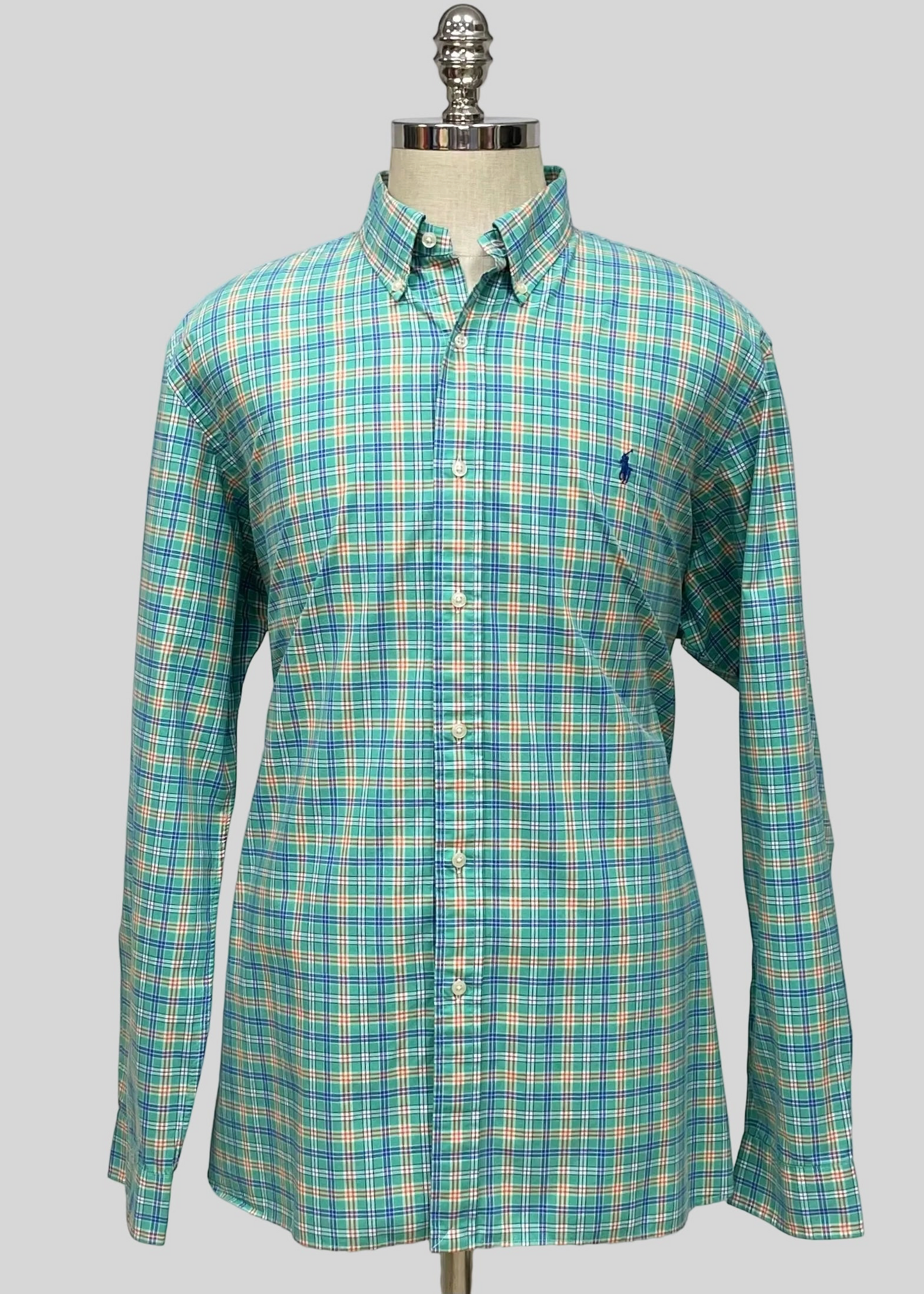 Camisa Polo Ralph Lauren 🏇🏼 color verde con cuadros naranja y azul Talla XL Entalle Regular