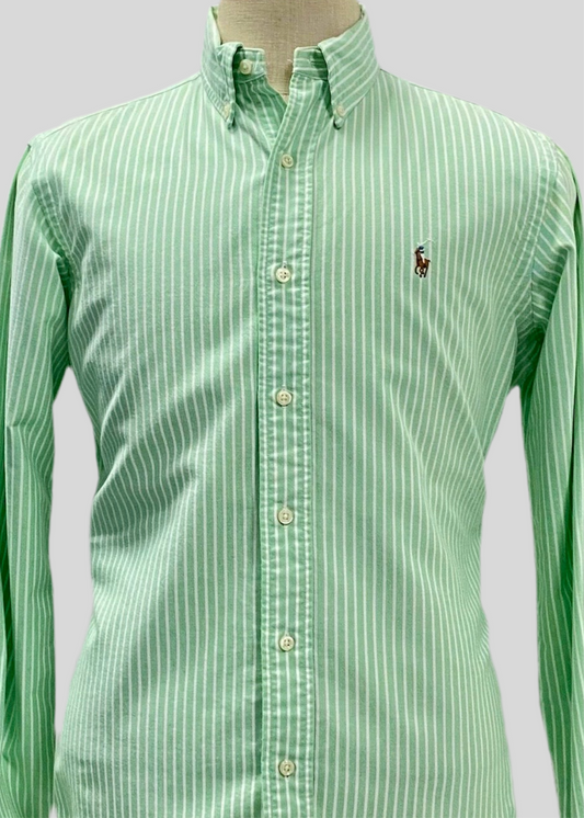 Camisa Polo Ralph Lauren 🏇🏼 Oxford color blanco con rayas en color verde claro Talla S Entalle Clásico