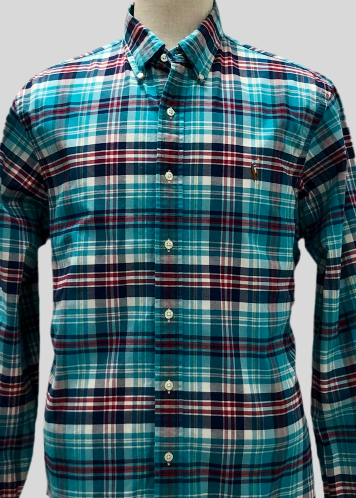 Camisa Polo Ralph Lauren 🏇🏼 con patrón de cuadros gingham turquesa, azul, rojo y blanco Talla XL Entalle Slim Fit