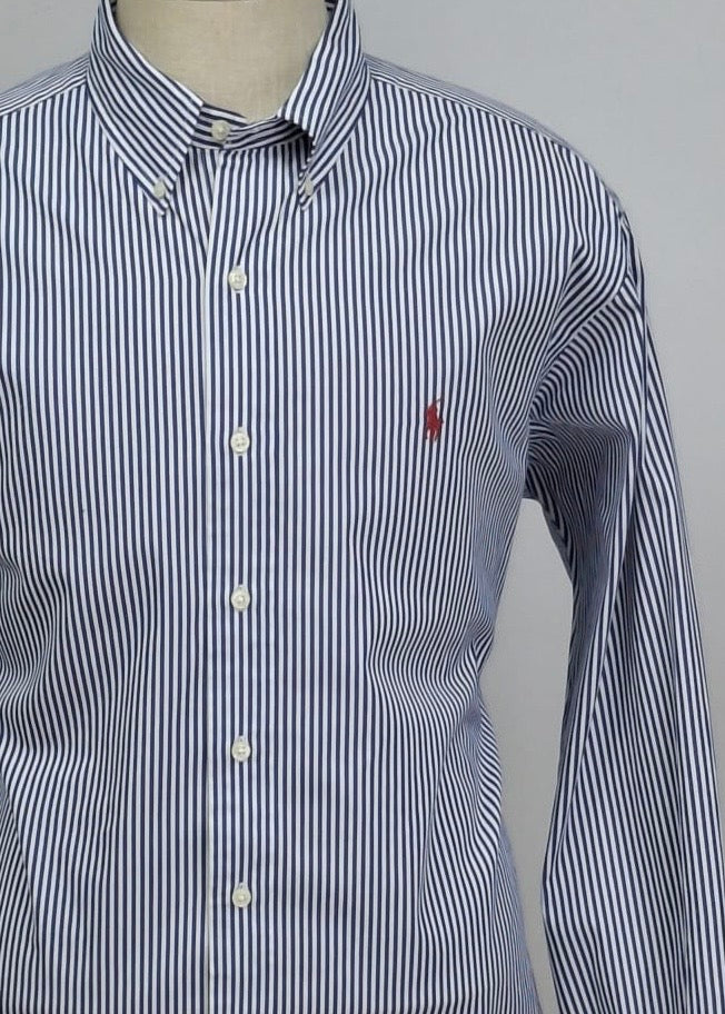 Camisa Polo Ralph Lauren 🏇🏼 color blanco con patrón de rayas en azul Talla XL Entalle Clásico