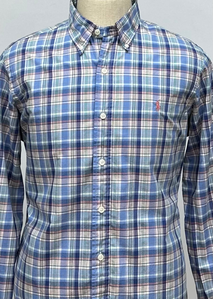 Camisa Polo Ralph Lauren 🏇🏼 con patrón de cuadros tartán azul, celeste y blanco Talla M Entalle Regular