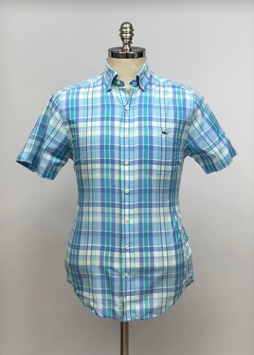 Camisa Vineyard Vines 🐳 con patrón de cuadros tartán en color celeste, turquesa y blanco Talla S Entalle Slim Fit