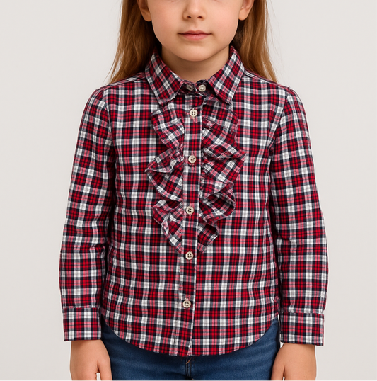 Camisa de niña Polo Ralph Lauren🏇 de cuadros color rojo verde y blanco con detalle de bolados al frente Talla 6