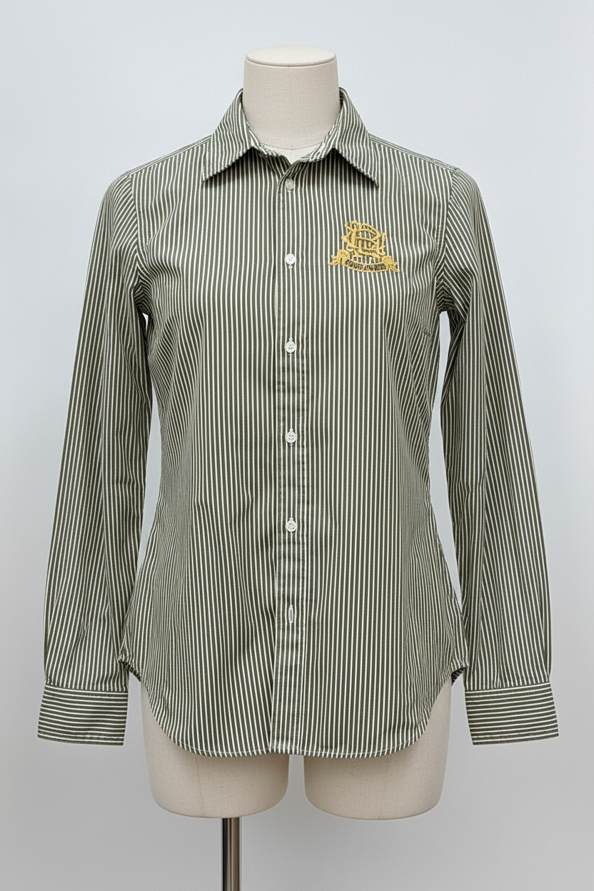 Camisa de mujer Polo Ralph Lauren 🏇🏼 con patrón de rayas en verde oliva y blanco Talla XS (2) Entalle Regular