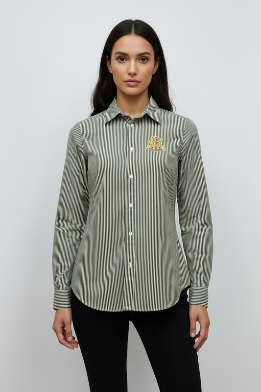 Camisa de mujer Polo Ralph Lauren 🏇🏼 con patrón de rayas en verde oliva y blanco Talla XS (2) Entalle Regular