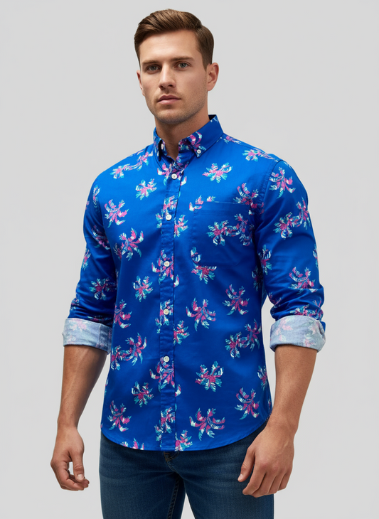 Camisa de botones Vineyard Vines 🐳 color azul con diseño floral en color rosado Talla S Entalle Slim Fit