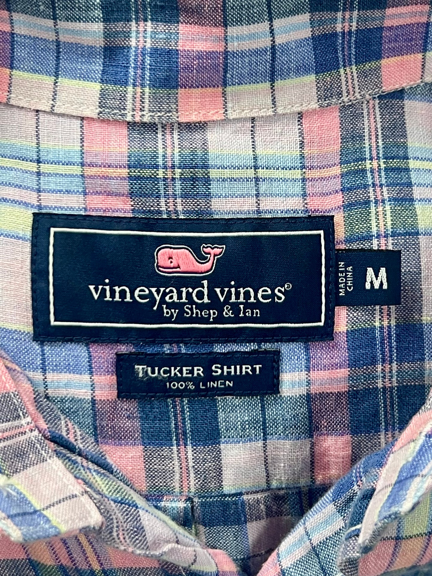 Camisa de cuadros Vineyard Vines 🐳 de lino con cuadros en color celeste, azul y rosado Talla M Entalle Regular
