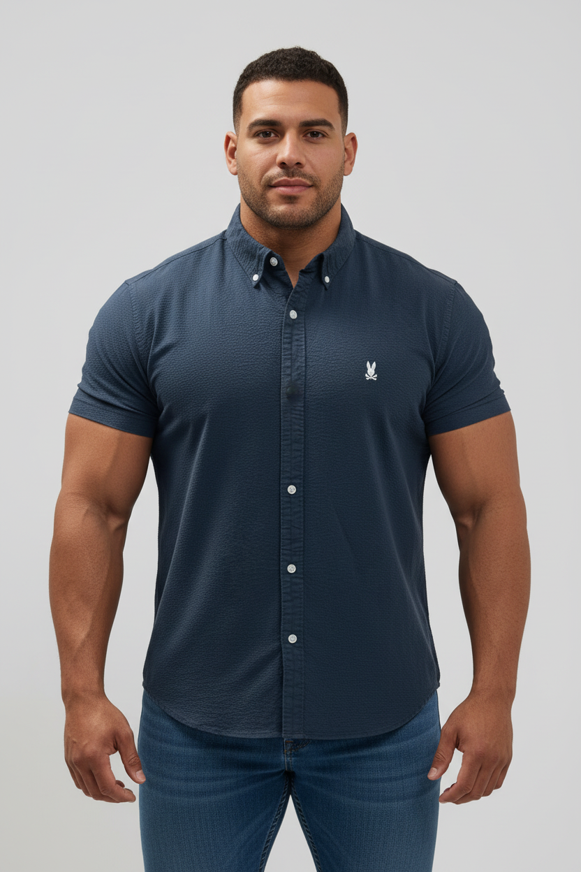 Camisa de botones Psycho Bunny 🐰 Seersucker Color negro Talla XXL Entalle Regular