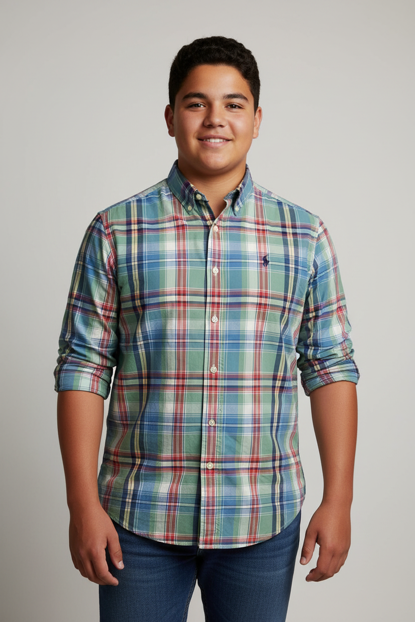 Camisa de niño Polo Ralph Lauren 🏇🏼 con patron de cuadros en celeste, verde, amarillo y blanco Talla L (14-16) Entalle Regular