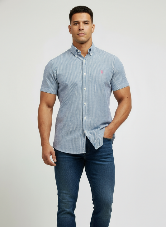 Camisa Polo Ralph Lauren 🏇🏼  Color blanco con patrón de rayas en azul Seersucker Talla M Entalle Regular