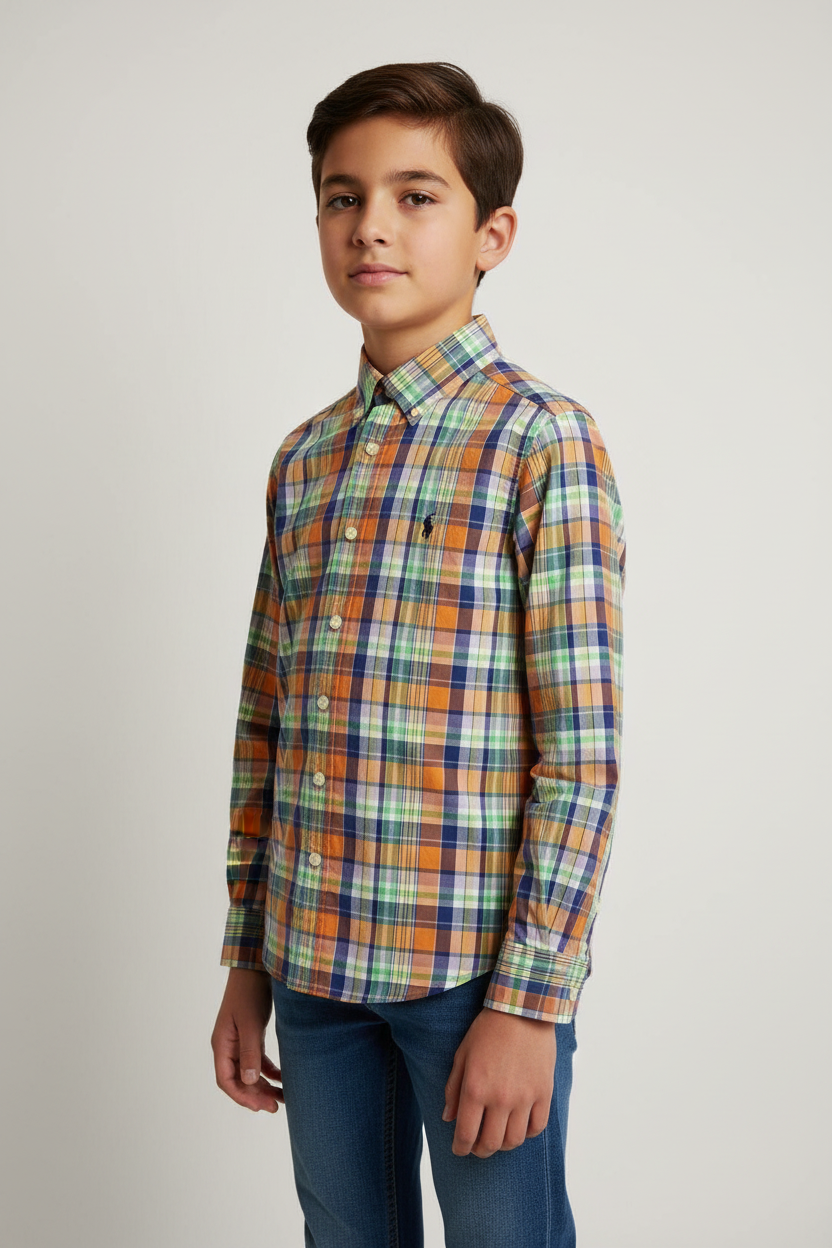 Camisa Polo Ralph Lauren 🏇🏼 con patron de cuadros en naranja, azul, verde y blanco Talla M (10-12) de niño Entalle Regular