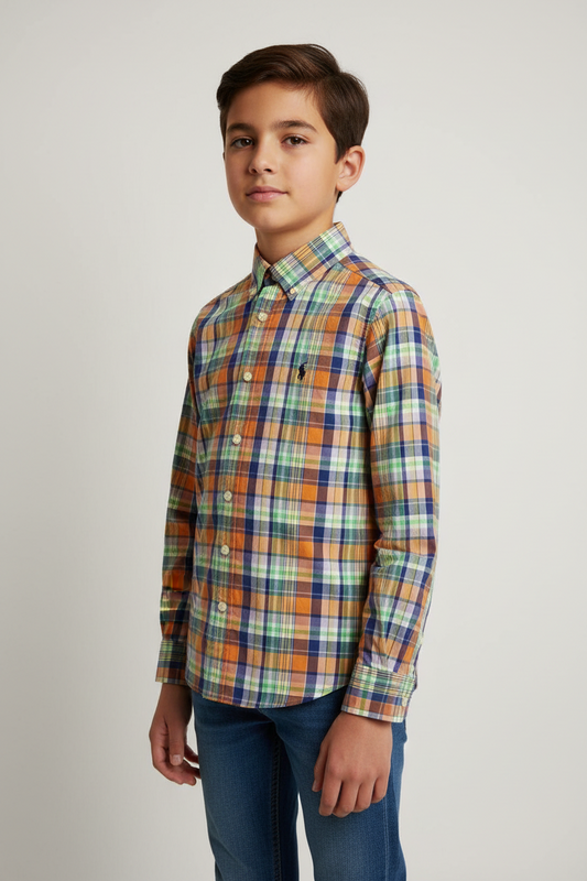 Camisa Polo Ralph Lauren 🏇🏼 con patron de cuadros en naranja, azul, verde y blanco Talla M (10-12) de niño Entalle Regular