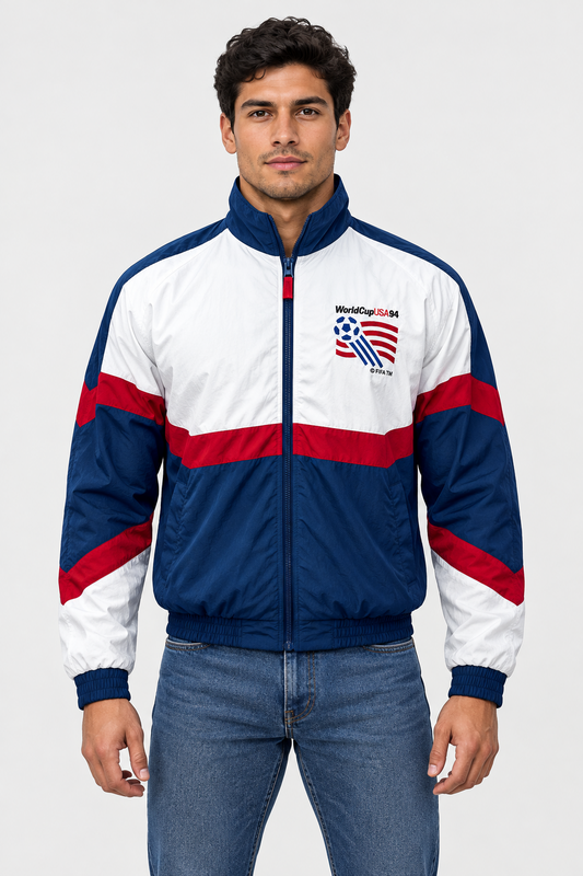 Jacket con capucha Fifa Word Cup 94 ⚽️ Estilo Retro color azul, rojo y blanco con zíper completo Talla XS