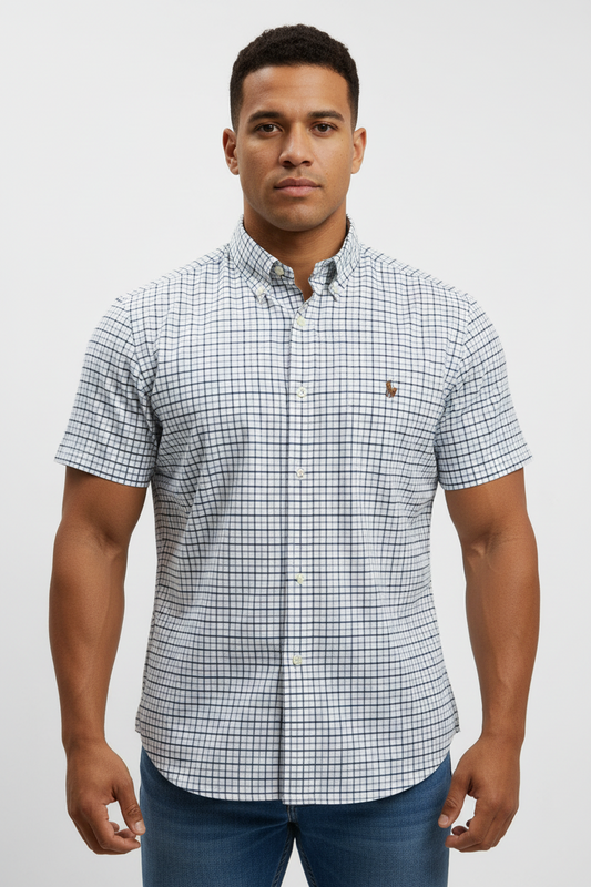 Camisa de botones Polo Real Lauren 🏇🏼 Oxford color blanco de cuadros en azul navy Talla M Entalle Clásico