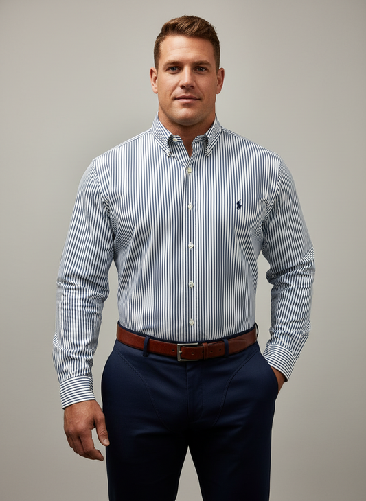 Camisa Polo Ralph Lauren 🏇🏼 Color blanco de rayas en color azul navy Talla L Entalle Custom Fit