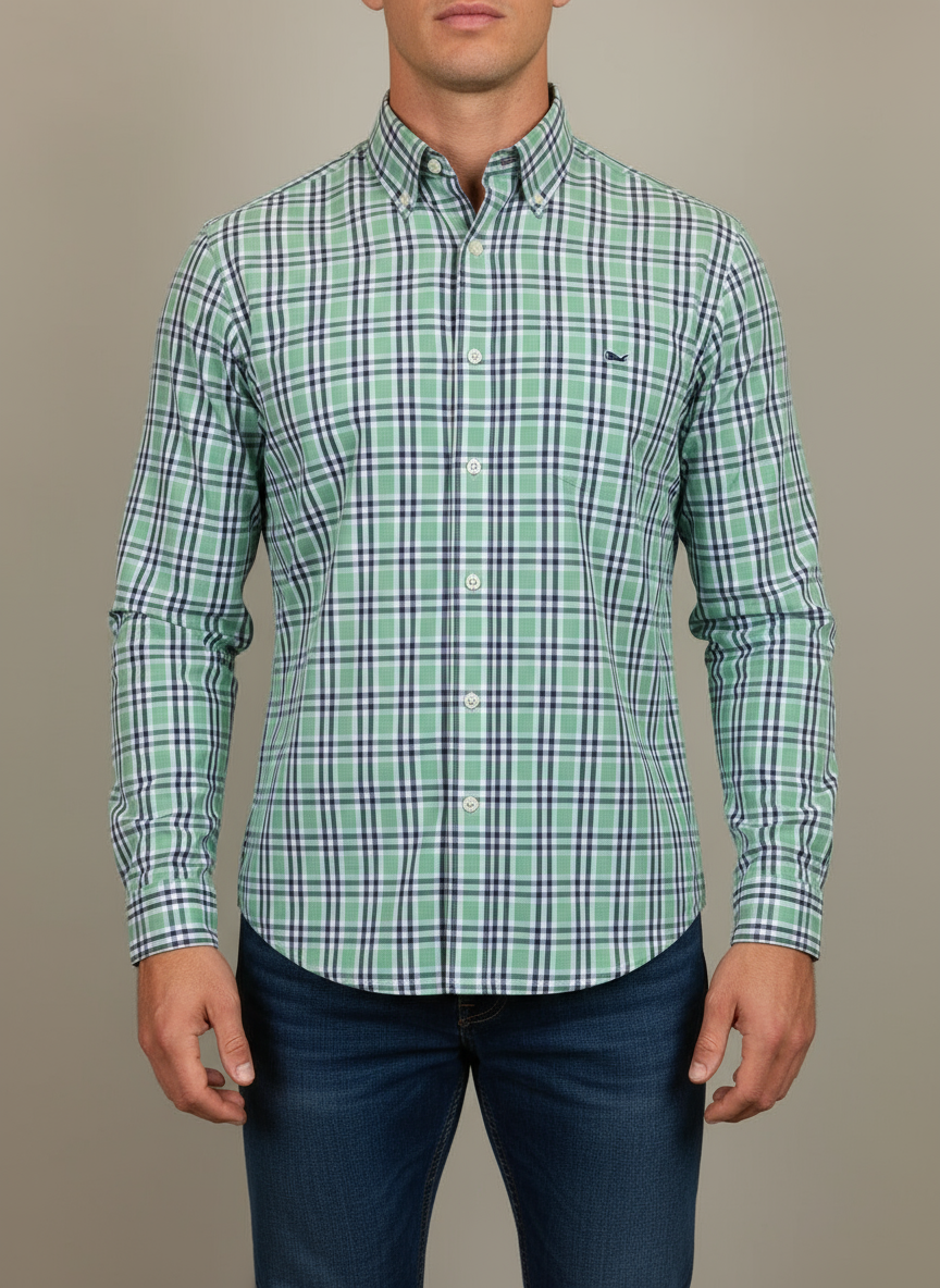 Camisa de botones Vineyard Vines 🐳 color blanco de cuadros tartán en verde y azul navy Talla L Entalle Regular
