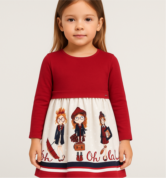 Vestido español de niña Mayoral☁️ Manga larga Color rojo y gris con dibujos de niñas Talla 5
