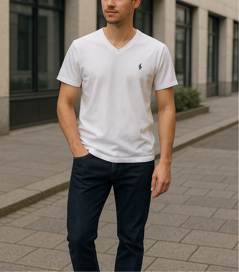Camiseta cuello V Polo Ralph Lauren 🏇🏼 color blanco con logo en azul navy Talla Medium Entalle Clásico