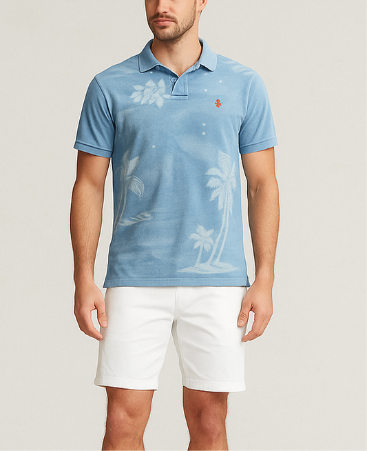 Camiseta Polo Ralph Lauren 🏇🏼 color celeste con diseño de hawaiano en color blanco Talla L Entalle Custom Fit